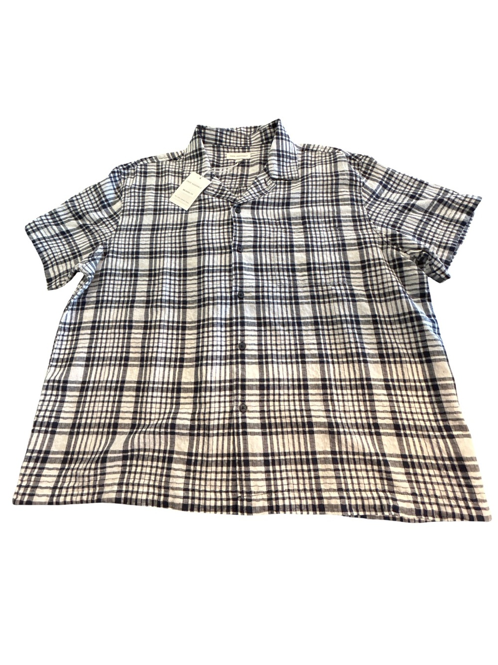 NWT Free Assembly Plaid Short Sleeve Camp Collar Shirt XL Navy Blue White Cotton